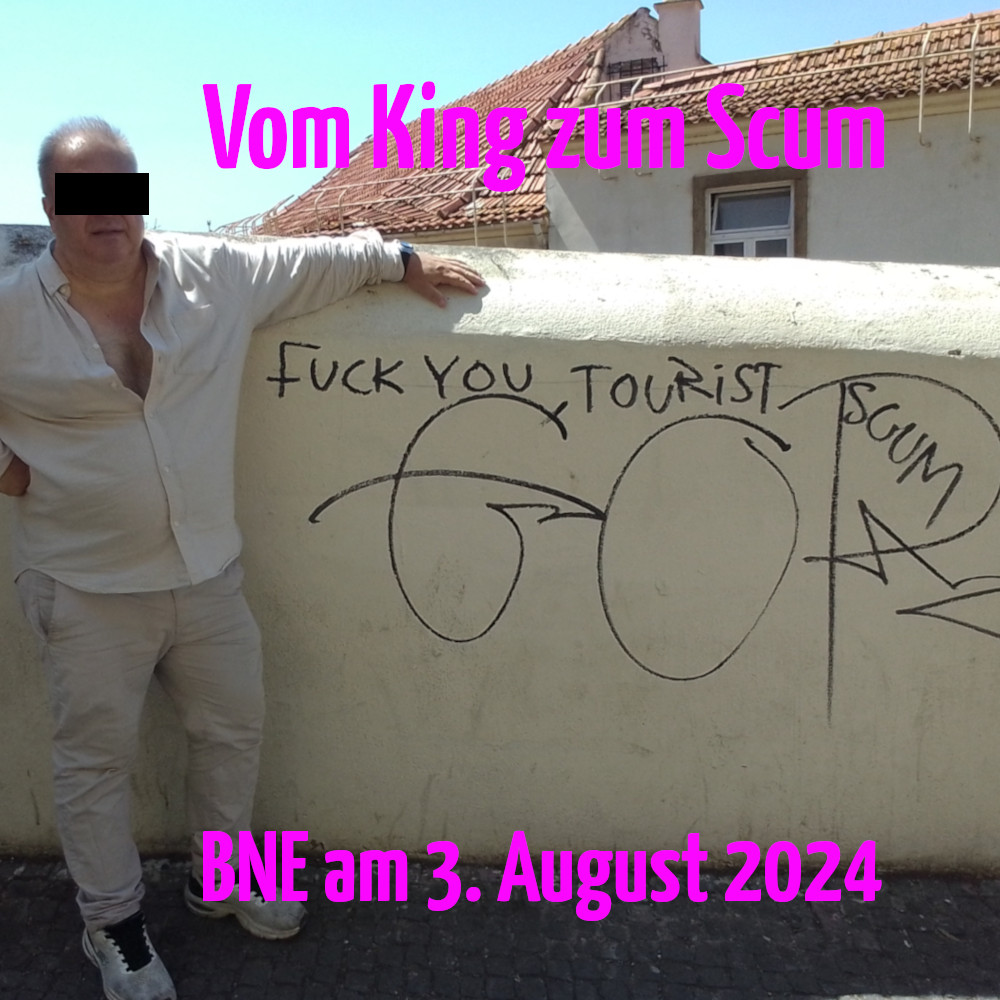 Der Gute König in Lissabon vor einem Graffiti: "Fuck you tourist scum"